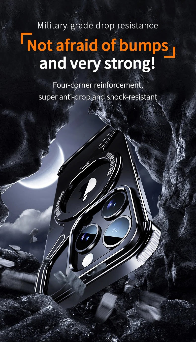 Premium Apple iPhone Case, MagSafe Compatible, Camera Lens & Screen Protection, Ultra Thin, Shockproof, Magnetic Full All Around Cover – Z-Type Aluminum Alloy Rimless Case with Snap-On Bracket & Metal Frame