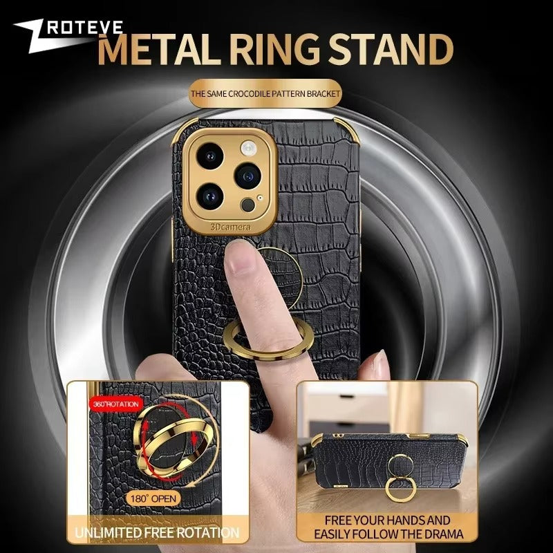 Premium Apple iPhone Case MagSafe Compatible, Camera Lens & Screen Protection, Ultra Thin Shockproof Magnetic Full All Around Protection Cover with Crocodile Leather Ring Holder