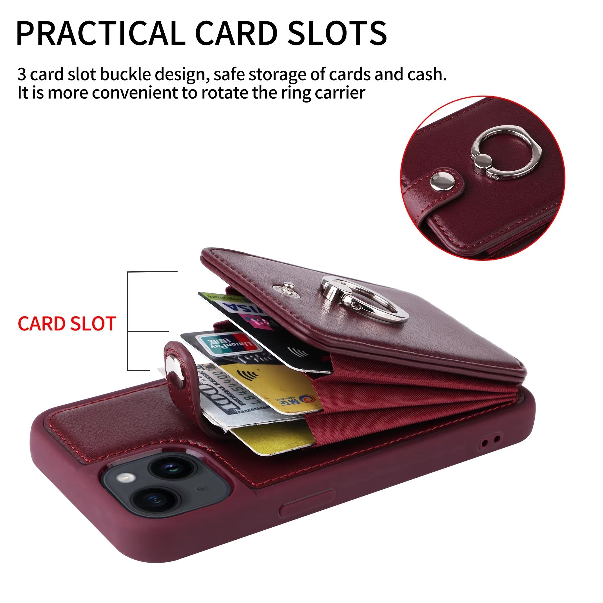 Premium Leather Apple iPhone Case, MagSafe Compatible, Ultra Thin Magnetic Card Slot Wallet and Ring Grip