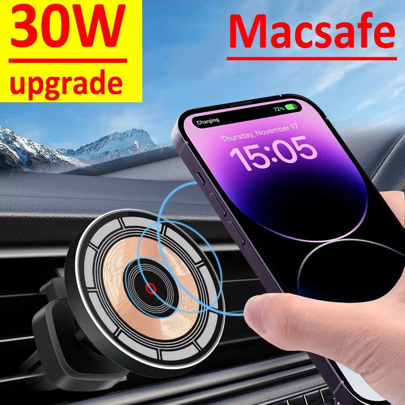High-Speed 30W Magnetic Wireless Car Charger – Phone Holder Stand with Fast Charging, Dashboard or Vent Mount