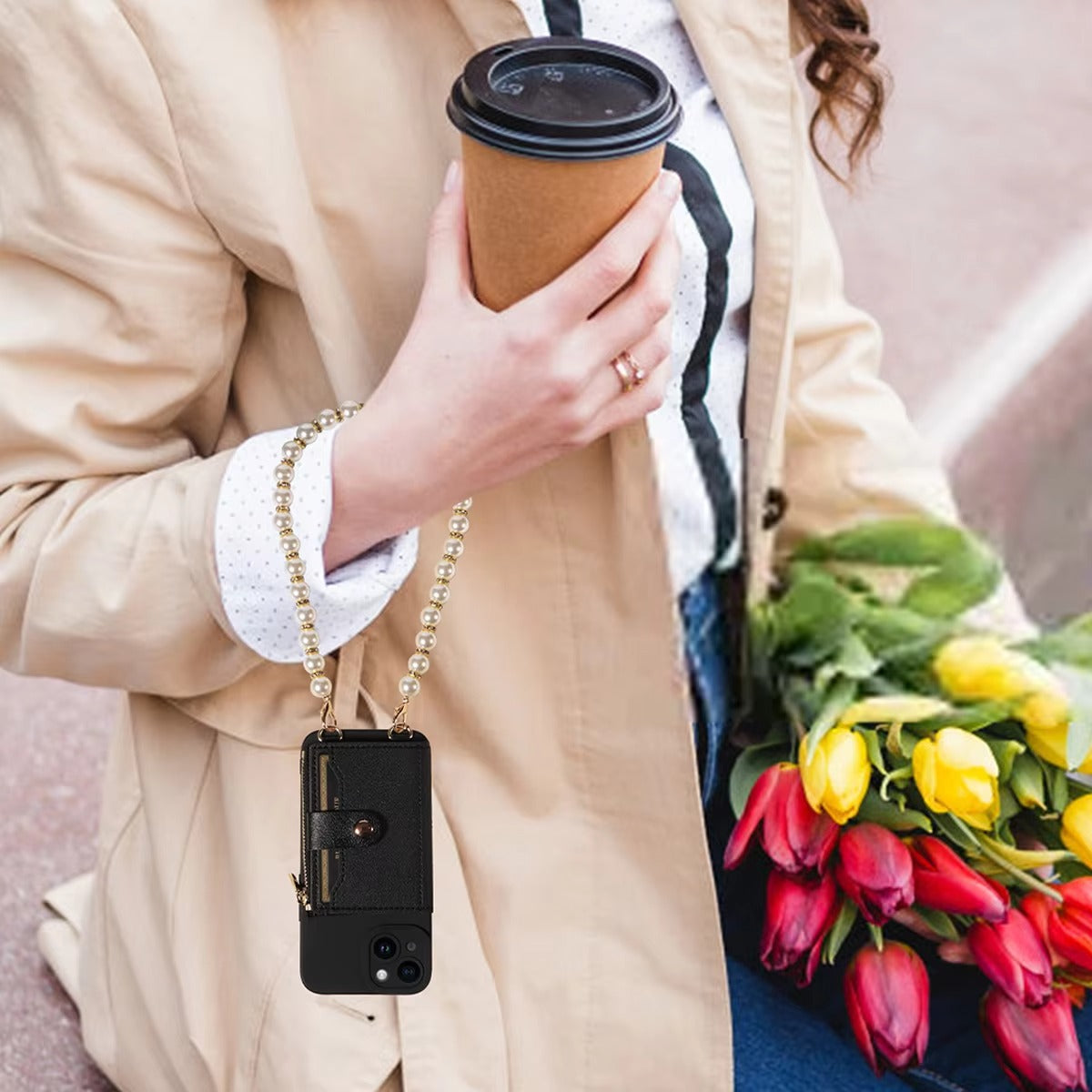 High Quality Apple iPhone Case, MagSafe Compatible, Camera Lens & Screen Protection, Ultra Thin, Shockproof, Magnetic Full All Around Cover – PU Leather Wallet Case with Mirror, Zipper & Pearl Strap