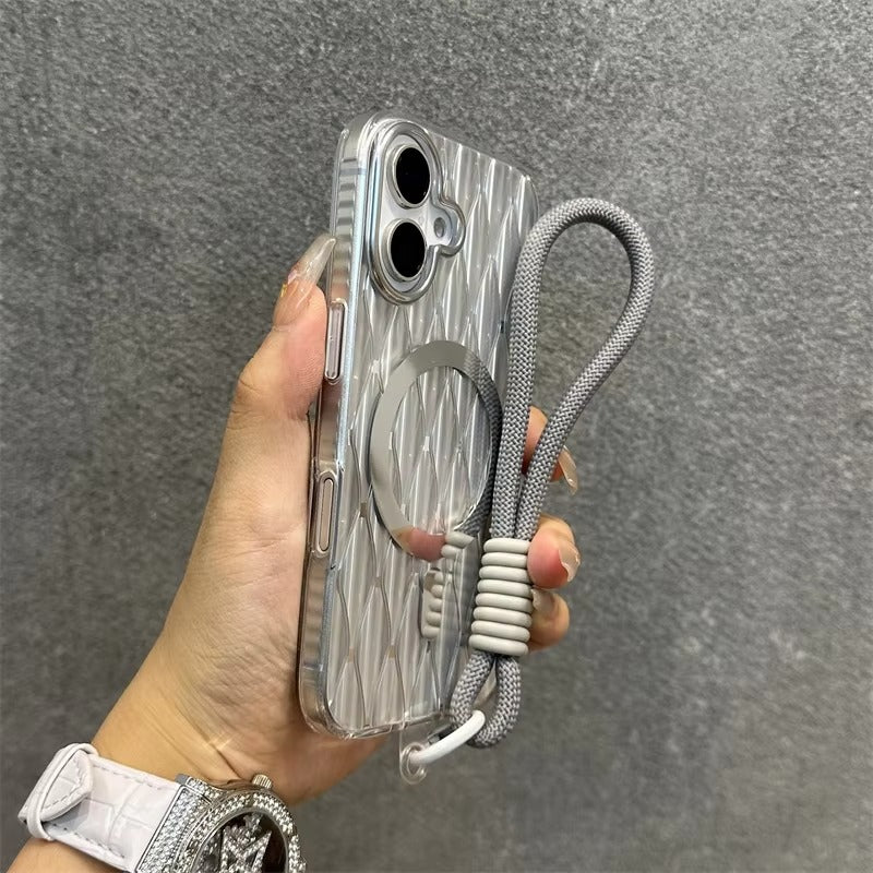 Luxury Apple iPhone Case, MagSafe Compatible, Camera Lens & Screen Protection, Ultra Thin, Shockproof, Magnetic Full All Around Cover – Laser Aurora Raindrop Acrylic Case with Wrist Strap & Wireless Charging