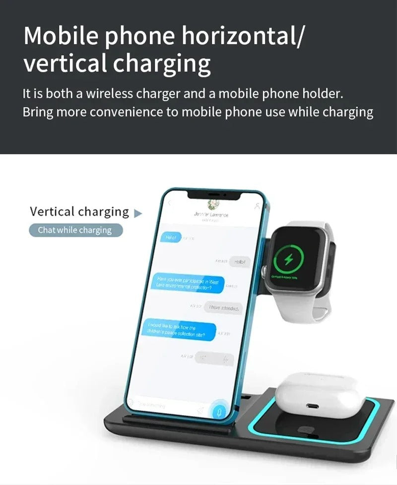 Premium 4 in 1 Wireless Charging Station with LED Light – Foldable Fast Charger Stand for Phones, Apple Watch, AirPods and Qi-Compatible Devices