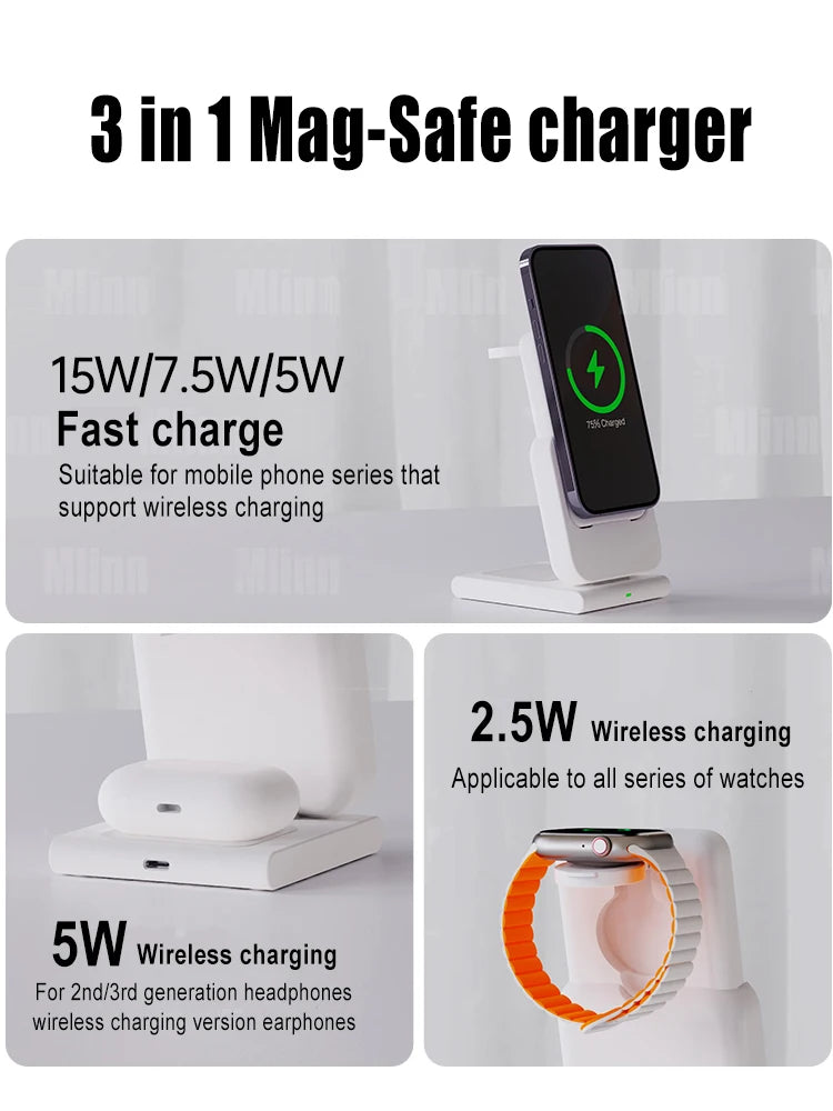 Premium 3-in-1 Magnetic Wireless Charging Station & Portable Power Bank – Fast Charger for iPhone, Apple Watch & AirPods with Detachable Design