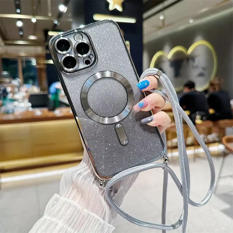 Luxury Apple iPhone Case, MagSafe Compatible, Camera Lens & Screen Protection, Ultra Thin, Shockproof, Magnetic Full All Around Cover – Glitter Crossbody Plating TPU Soft Back Case