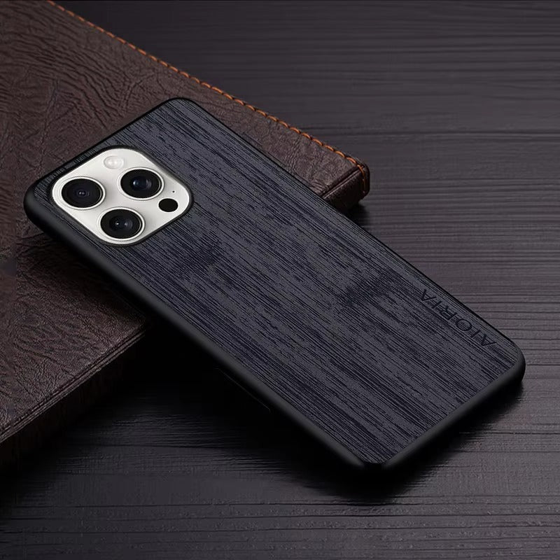 Premium Wood Grain iPhone Case MagSafe Compatible Ultra Thin Magnetic with Smooth Brown Texture and Metallic Frame Design