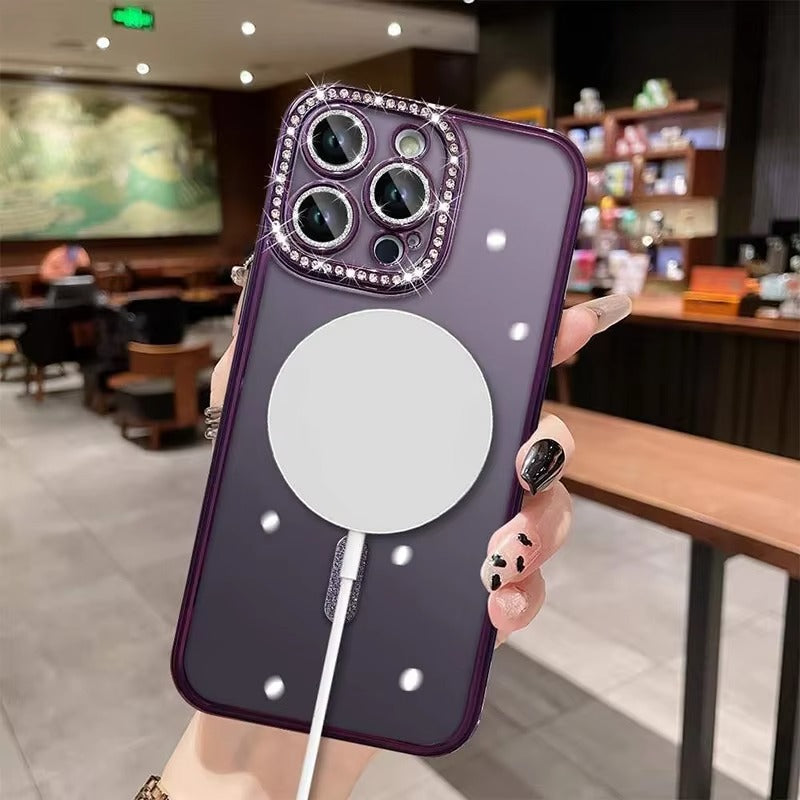 Luxury Pink Glitter Apple iPhone Case, MagSafe Compatible, Ultra Thin Magnetic Shockproof Full Protection Cover and Diamond Clear Plated Shell