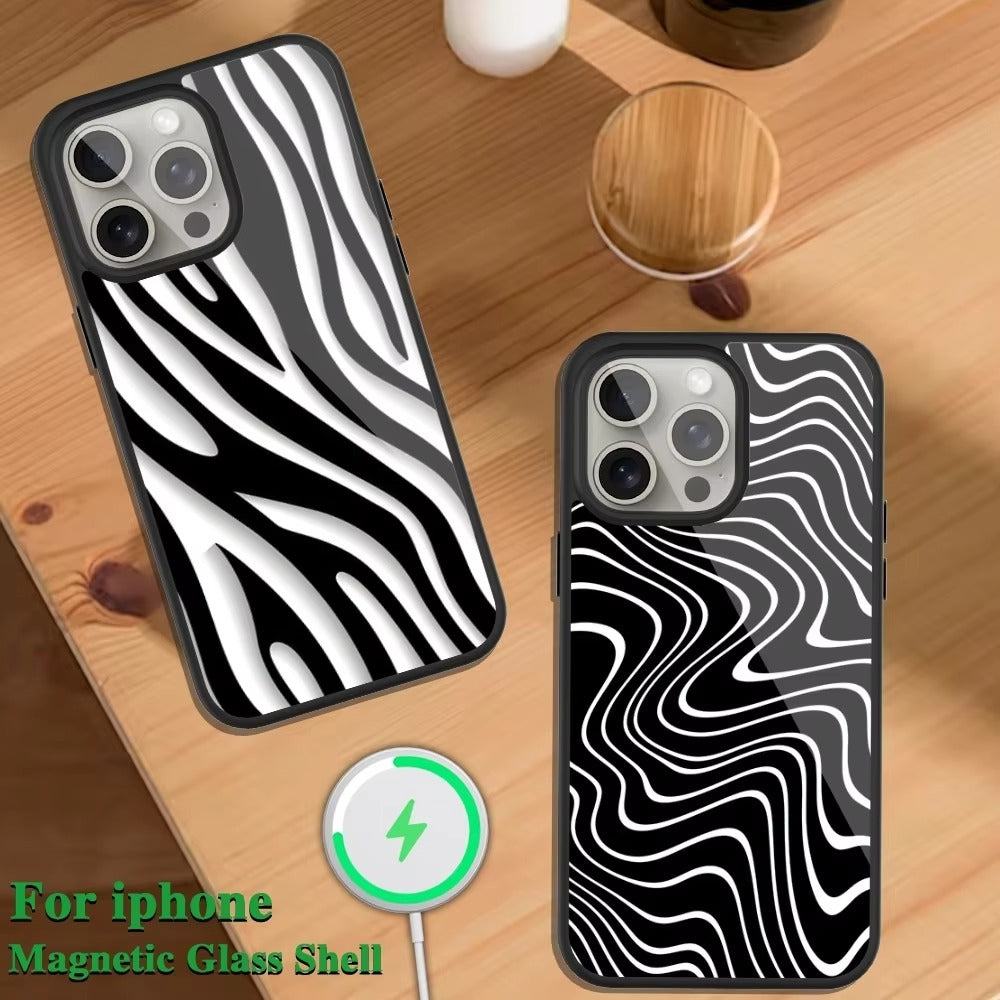 Luxury Zebra Print Apple iPhone Case, MagSafe Compatible, Ultra Thin Magnetic Shockproof Full Protection Cover with Screen Guard and Animal Pattern Style Shell