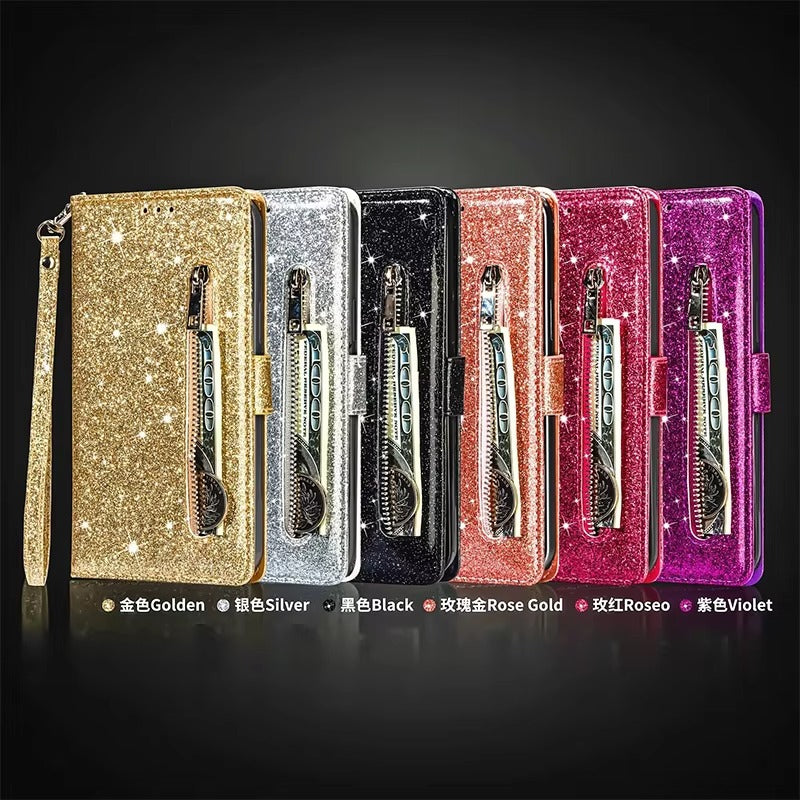 Luxury Apple iPhone Case, MagSafe Compatible, Camera Lens and Screen Protection, Ultra Thin, Shockproof, Magnetic, Full All Around Protection, Glitter Zipper Wallet Cover
