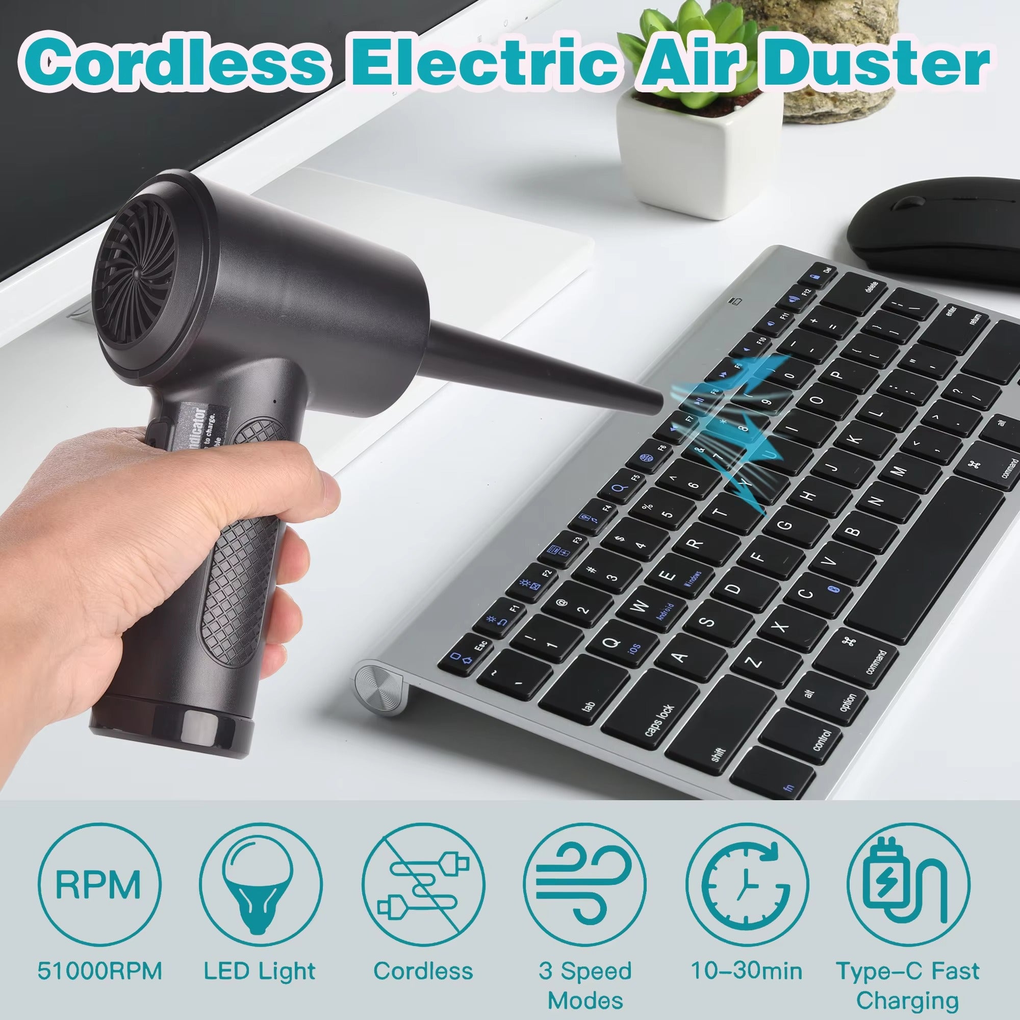 Powerful, Cordless, Compressed Air Duster for Computer, Air Blower with LED Light, for PC, Keyboard, Crumbs, Laptop, Car, Cleaning, Reusable, Portable