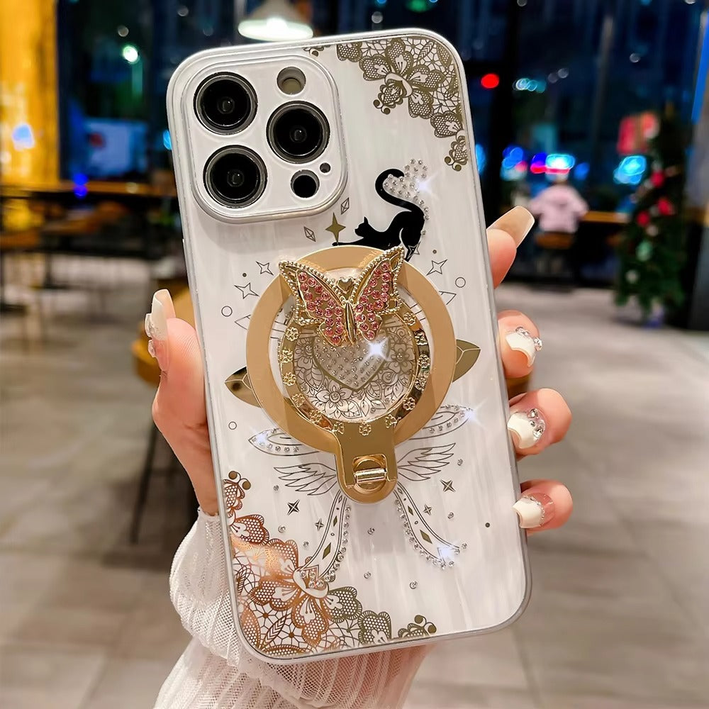 Luxury Apple iPhone Case, MagSafe Compatible, Camera Lens and Screen Protection, Ultra Thin, Shockproof, Magnetic, Full All Around Protection, Night Cat Ring Cover