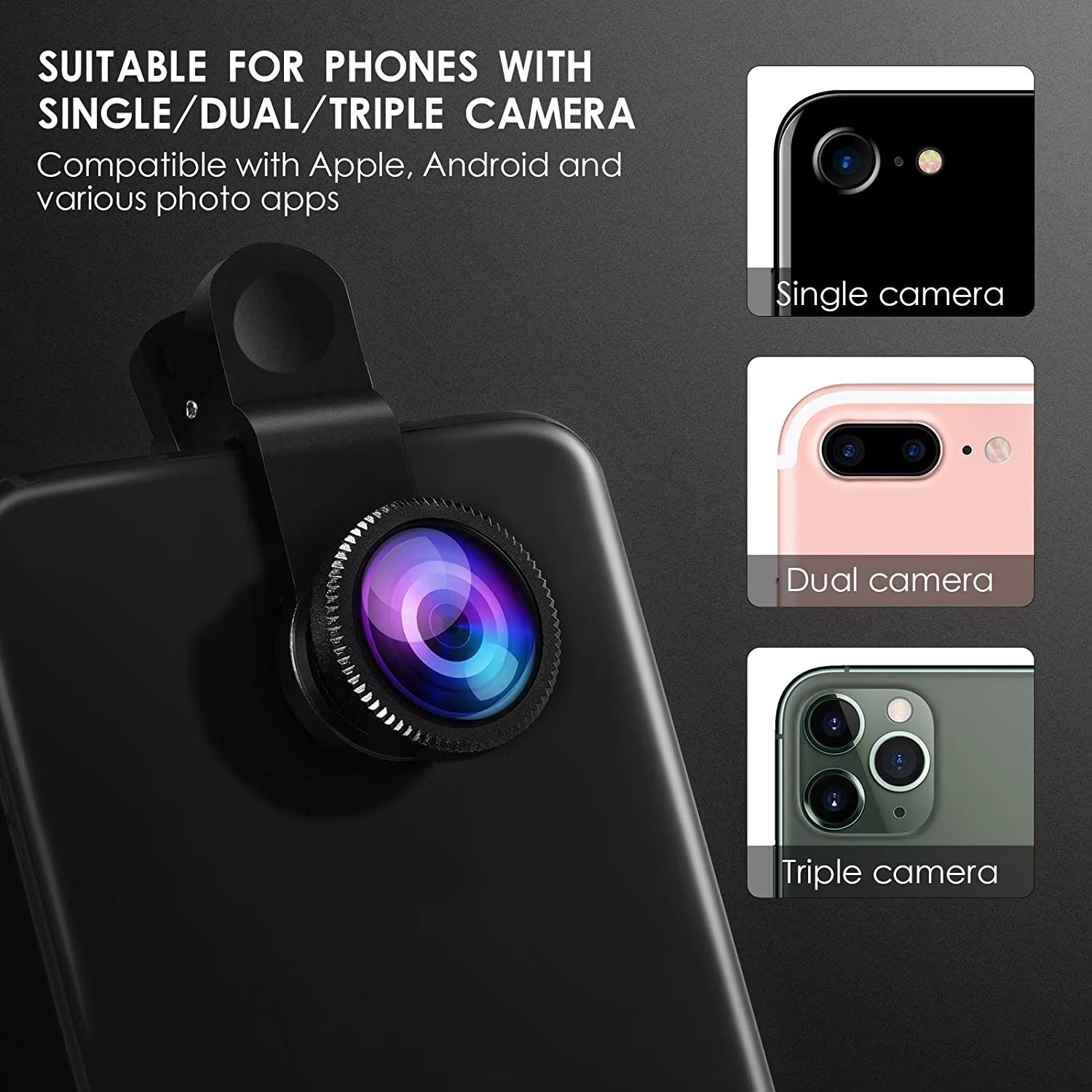 High Quality 3-in-1 Phone Camera Lens Kit – Fisheye, 0.67X Wide Angle Photography on Apple iPhone Devices
