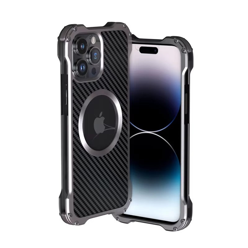Premium Apple iPhone Case, MagSafe Compatible, Camera Lens & Screen Protection, Ultra Thin, Shockproof, Magnetic Full All Around Cover – Carbon Fiber Metal Case with Anti-Fall Design & Magnetic Back Shell