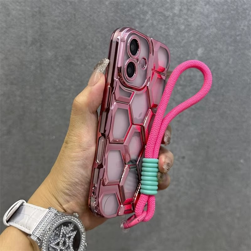 Luxury Apple iPhone Case, MagSafe Compatible, Camera Lens & Screen Protection, Ultra Thin, Shockproof, Magnetic Full All Around Cover – Clear Electroplated TPU Case with Football Design & Wrist Hand Chain