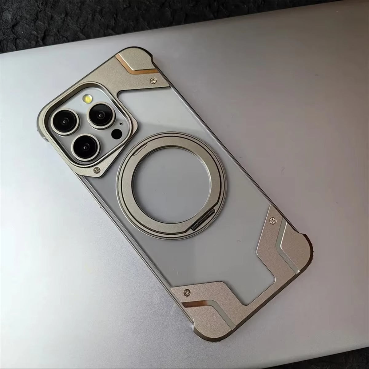 Luxury Apple iPhone Case, MagSafe Compatible, Camera Lens & Screen Protection, Ultra Thin, Shockproof, Magnetic Full All Around Cover – 360° Aluminum Alloy Rimless Case with Transparent PC & Built-In Bracket