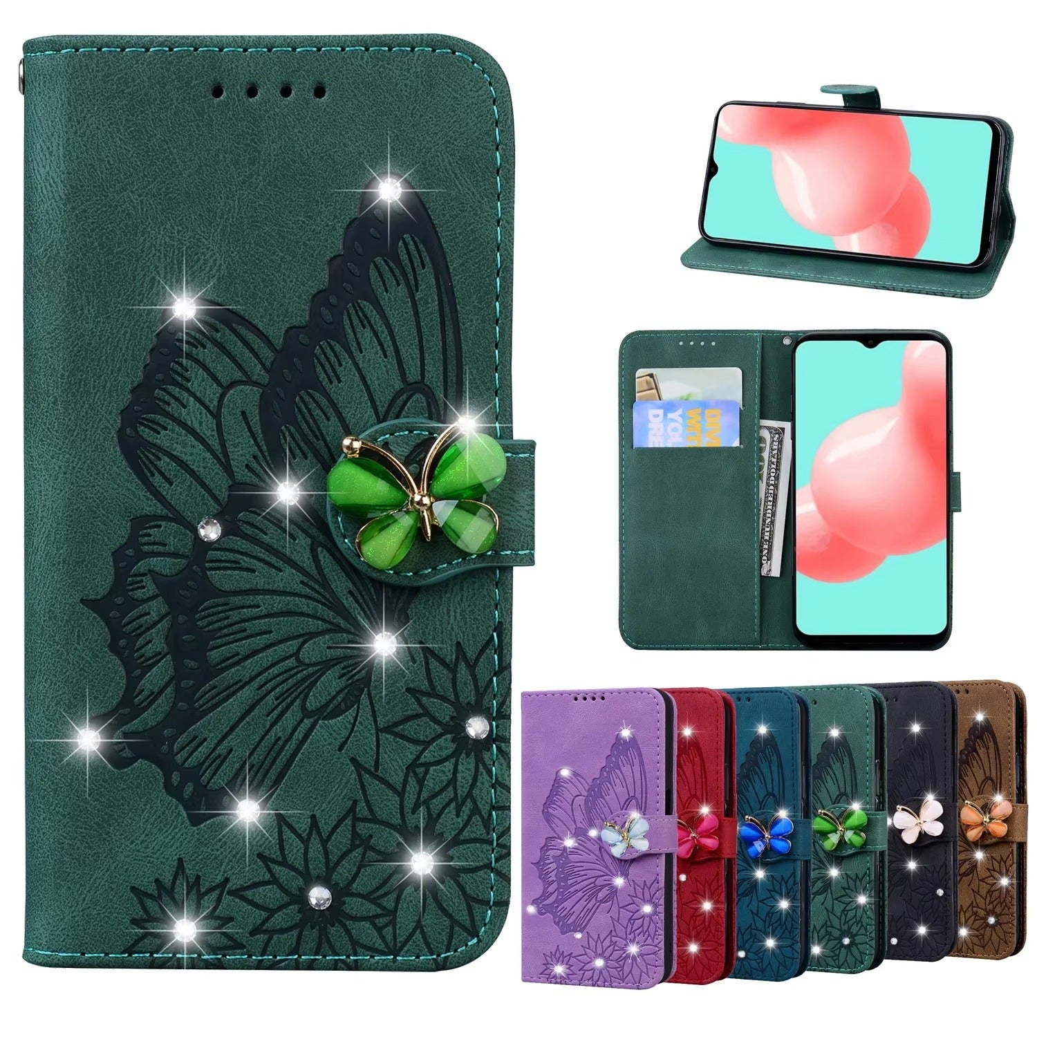Luxury Apple iPhone Case, MagSafe Compatible, Camera Lens and Screen Protection, Ultra Thin, Shockproof, Magnetic, Full All Around Protection, Butterfly Glitter Wallet Cover