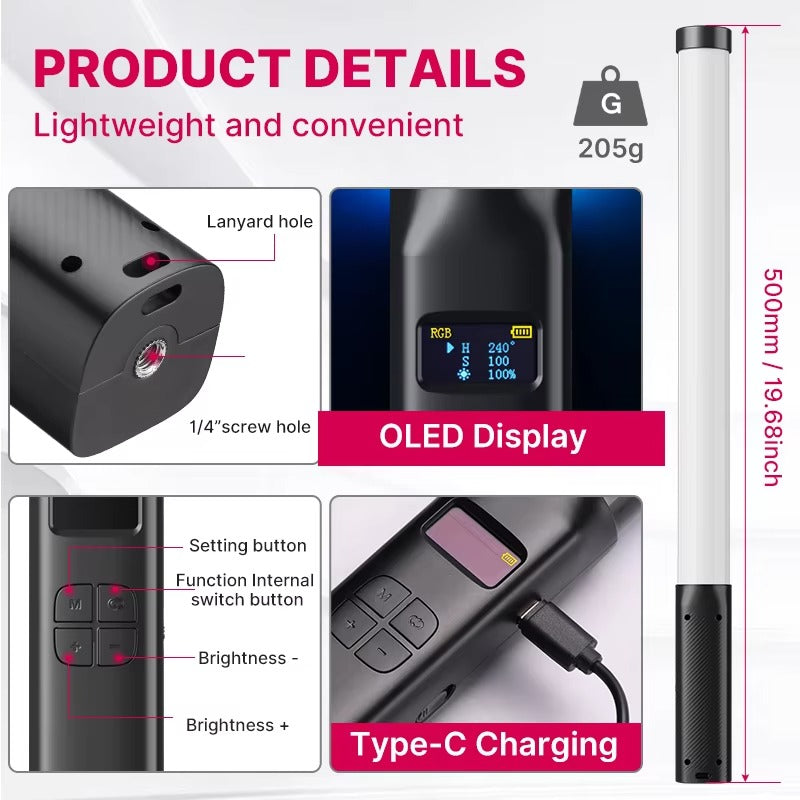 High Quality, Handheld RGB Light Wand – 19.7" LED Stick with Adjustable 2500K–9000K Color, CRI 95+, Apple iPhone and Cameras