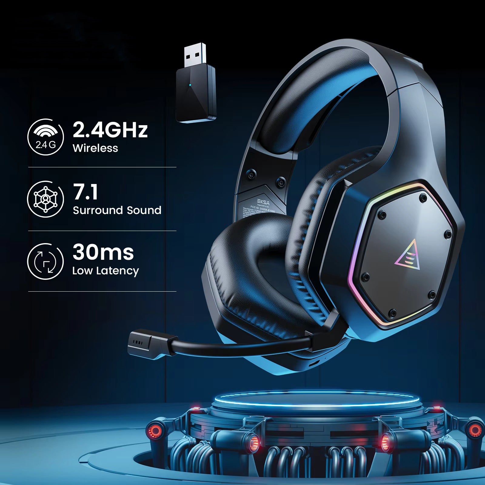 Premium 2.4GHz Wireless Gaming Headset for Mac & iPhone – Low Latency 7.1 Surround Sound Headphones with ENC Microphone