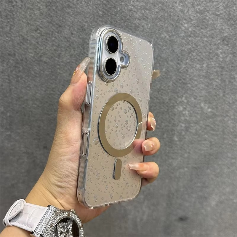 Luxury Apple iPhone Case, MagSafe Compatible, Camera Lens & Screen Protection, Ultra Thin, Shockproof, Magnetic Full All Around Cover – Laser Aurora Raindrop Acrylic Case with Wrist Strap & Wireless Charging