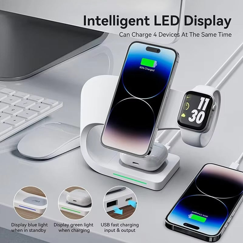 Premium 4 in 1 Magnetic Wireless Charging Station – 15W Fast Charger Dock with LED Indicator for Phones, Apple Watch, AirPods and USB Devices