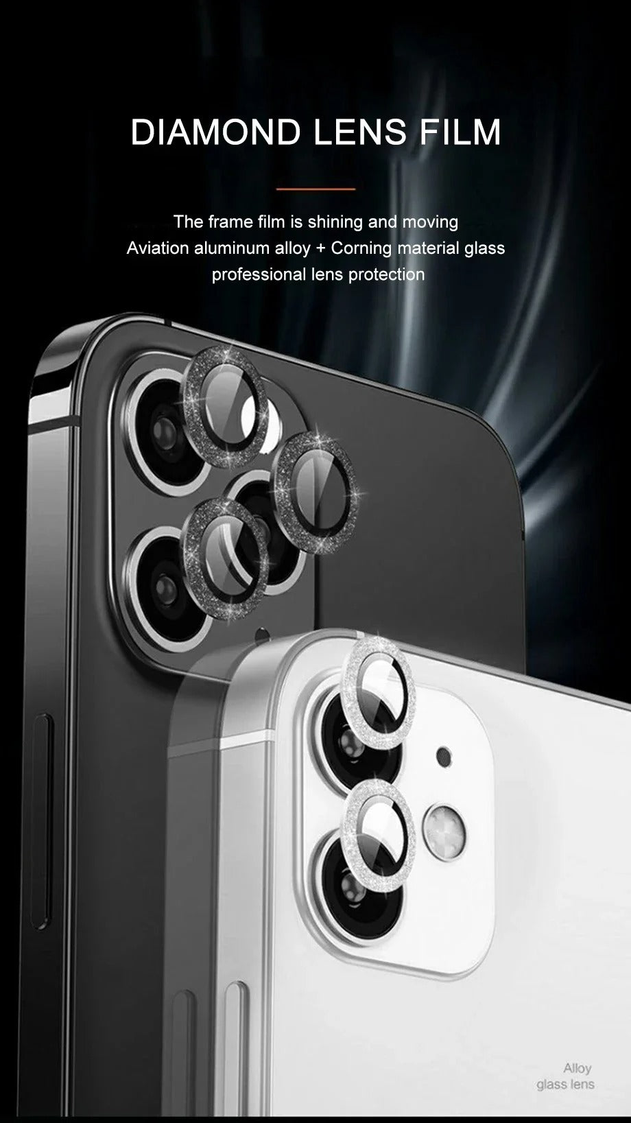 Luxury Metal Camera Lens Protector for iPhone – Diamond Edging, 9H Corning Glass, Anti-Scratch, Shockproof, Ultra HD Transparent Lens Cover Ring