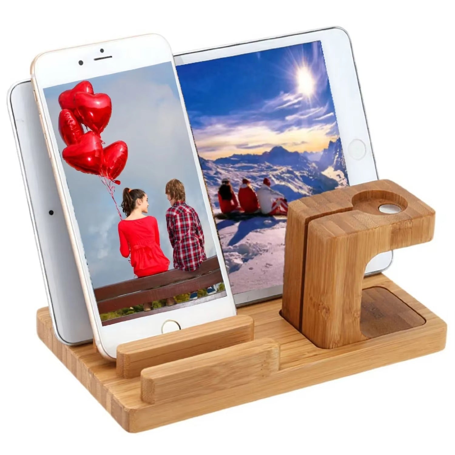Luxury Bamboo Charging Dock Station – Multifunctional Stand Holder for iPad, iPhone, Apple Watch, Tablets and Smartphones with Cable Organizer