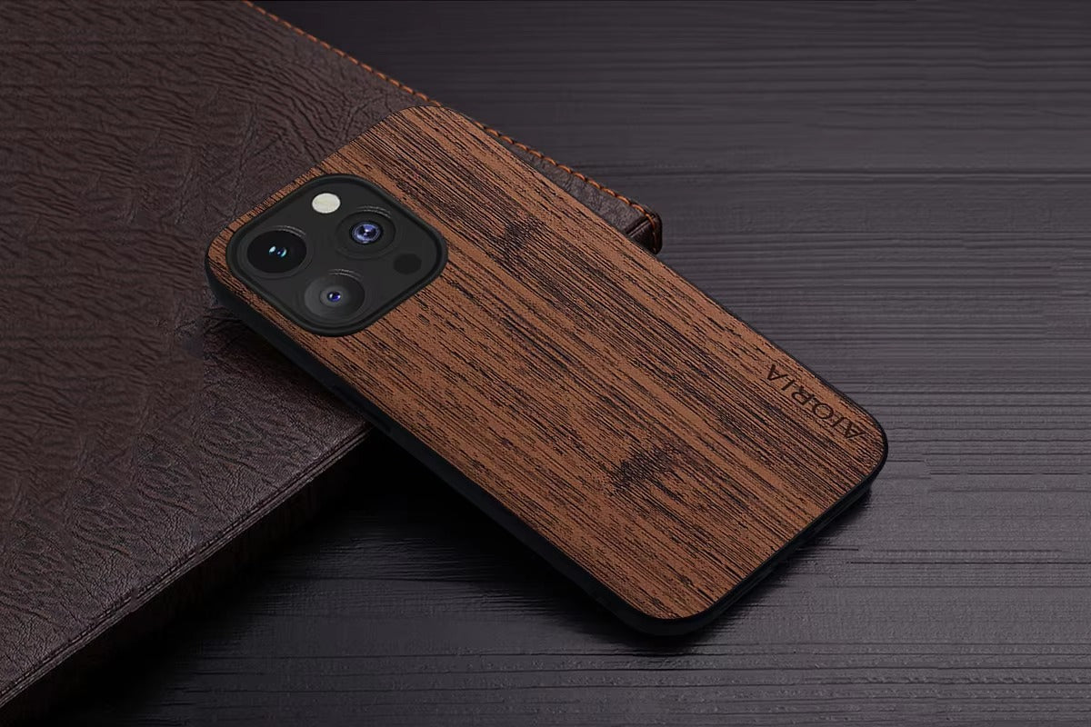 Premium Wood Grain iPhone Case MagSafe Compatible Ultra Thin Magnetic with Smooth Brown Texture and Metallic Frame Design