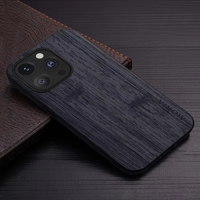 Premium Wood Grain iPhone Case MagSafe Compatible Ultra Thin Magnetic with Smooth Brown Texture and Metallic Frame Design