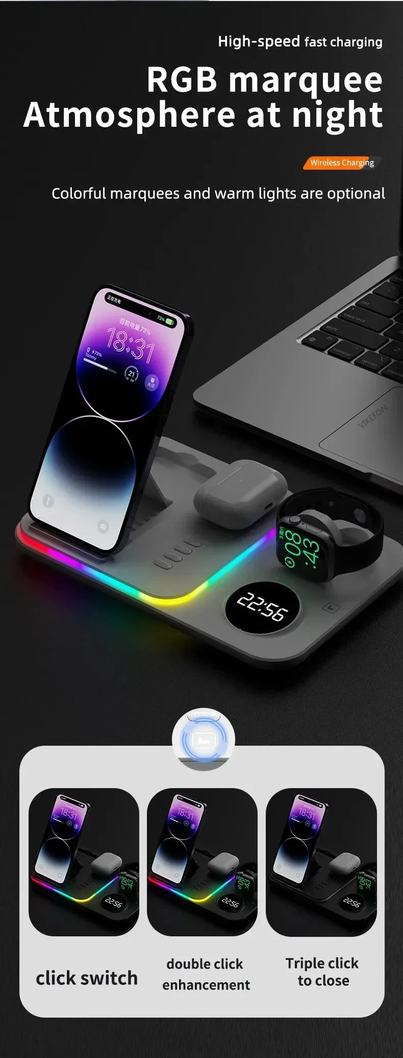 Premium 5 in 1 Wireless Charging Station – 30W Foldable Fast Charger Dock with RGB LED Light, Alarm Clock for Phones, Apple Watch, Samsung Watch & AirPods