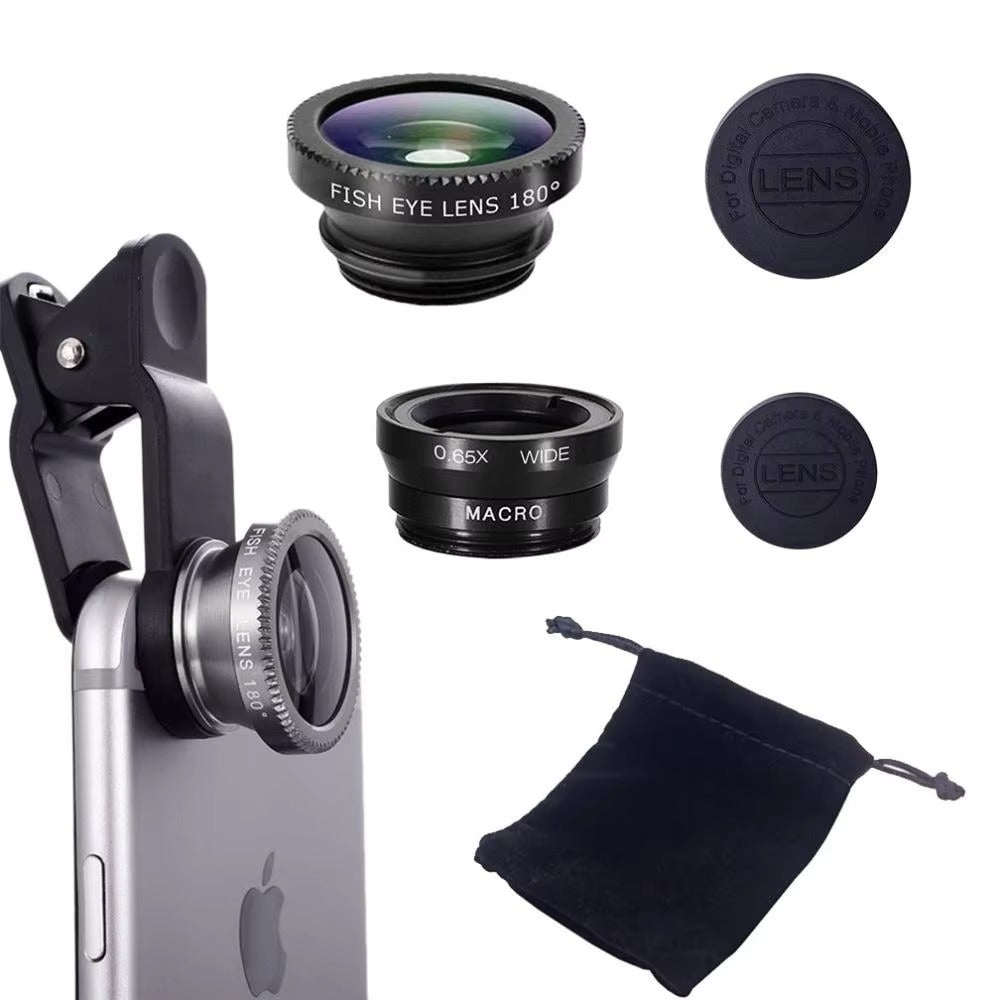 High Quality 3-in-1 Phone Camera Lens Kit – Fisheye, 0.67X Wide Angle Photography on Apple iPhone Devices
