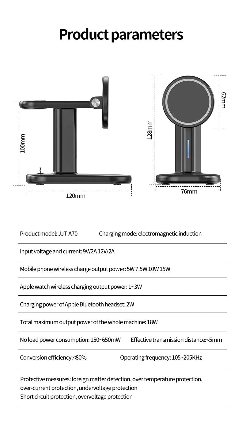Premium Magnetic 3 in 1 Wireless Charging Station – 25W Foldable Fast Charger Stand and Phone Holder for iPhone, Apple Watch, AirPods and Qi Devices