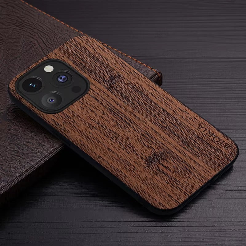 Premium Wood Grain iPhone Case MagSafe Compatible Ultra Thin Magnetic with Smooth Brown Texture and Metallic Frame Design