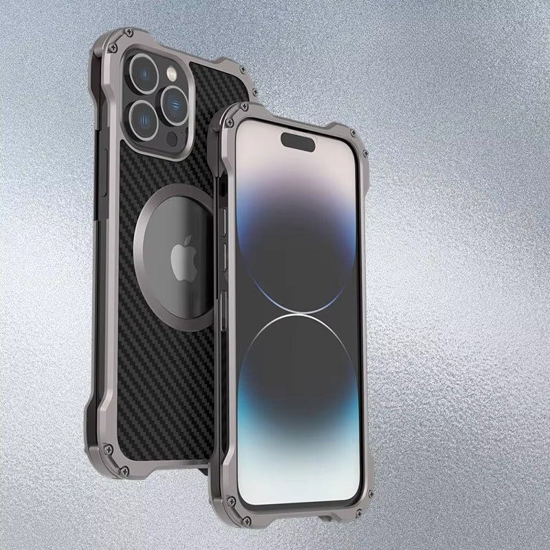 Premium Apple iPhone Case, MagSafe Compatible, Camera Lens & Screen Protection, Ultra Thin, Shockproof, Magnetic Full All Around Cover – Carbon Fiber Metal Case with Anti-Fall Design & Magnetic Back Shell