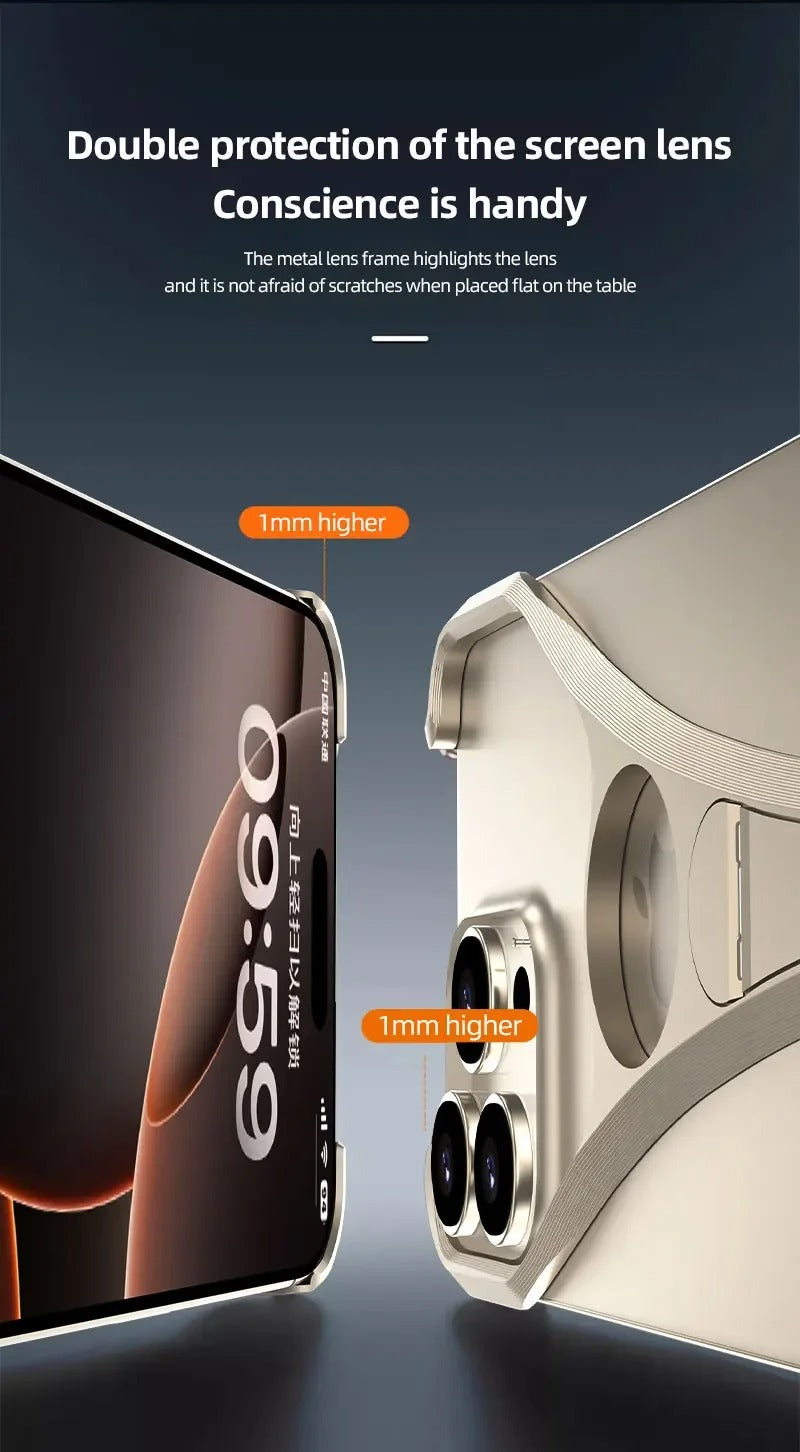 Premium Apple iPhone Case, MagSafe Compatible, Camera Lens & Screen Protection, Ultra Thin, Shockproof, Magnetic Full All Around Cover – Frameless Aluminum Alloy Case with Metal Holder, Stand & Heat Dissipation Design