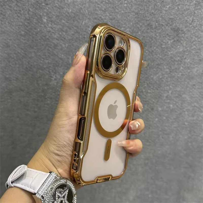 High Quality Apple iPhone Case, MagSafe Compatible, Camera Lens & Screen Protection, Ultra Thin, Shockproof, Magnetic Full All Around Cover – Blade Mecha TPU Transparent Case with Plating Finish & Wrist Strap
