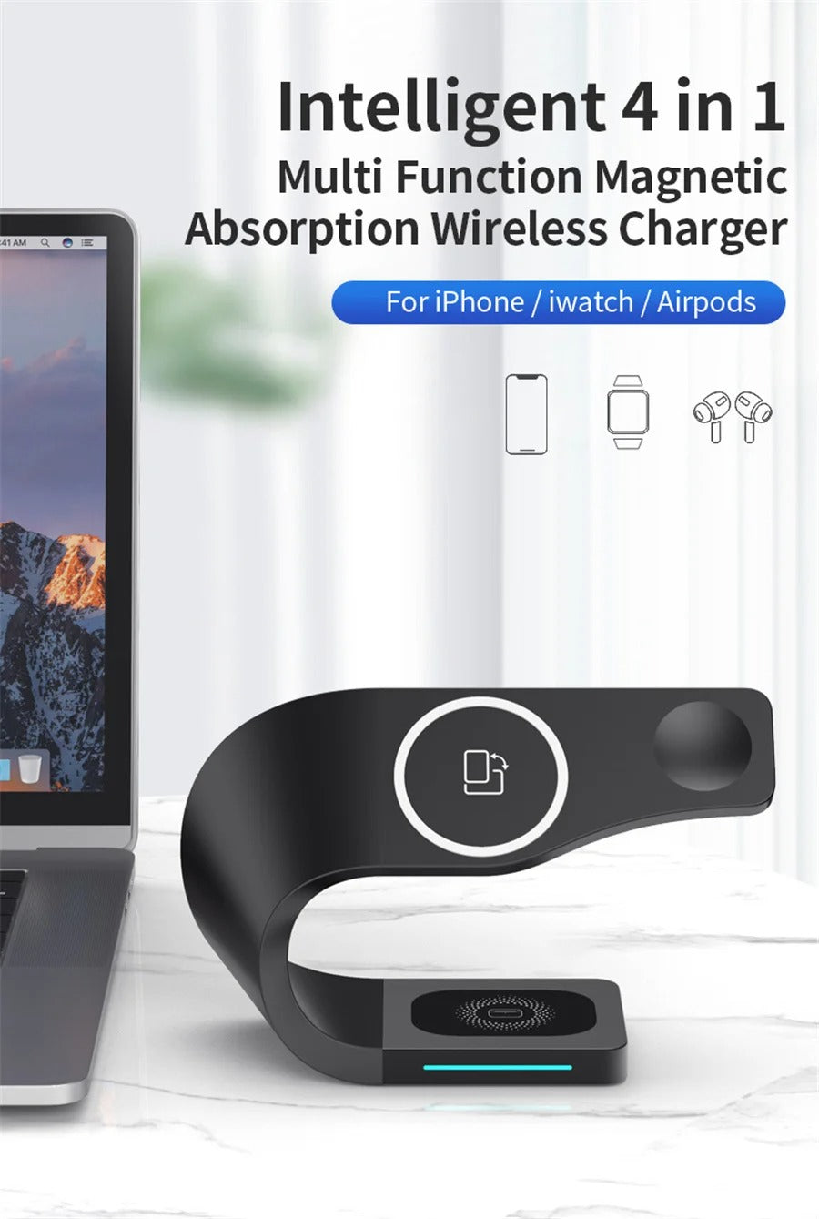 Premium 4 in 1 Magnetic Wireless Charging Station – 15W Fast Charger Dock with LED Indicator for Phones, Apple Watch, AirPods and USB Devices