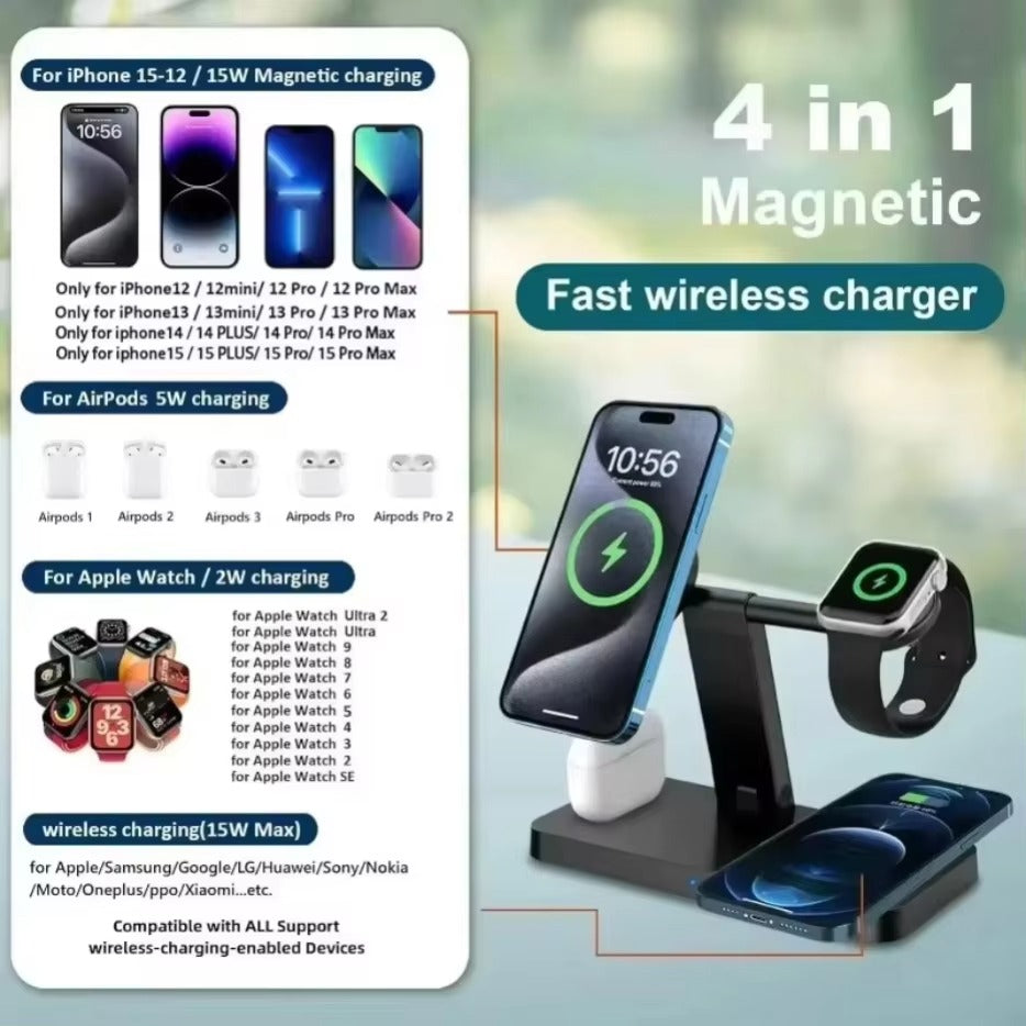 Premium 5 in 1 Magnetic Wireless Charging Station – Foldable Fast Charger Stand for Phones, Smartwatches, Earbuds with 30W Output & LED Night Light