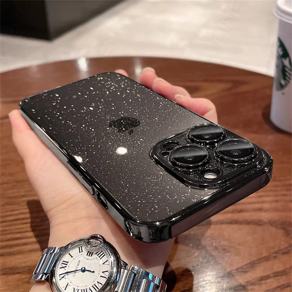Luxury Apple iPhone Case, MagSafe Compatible, Camera Lens & Screen Protection, Ultra Thin, Shockproof, Magnetic Full All Around Cover – Transparent Glitter Slim Case with Electroplated Gold Bumper & Hard Plastic Back