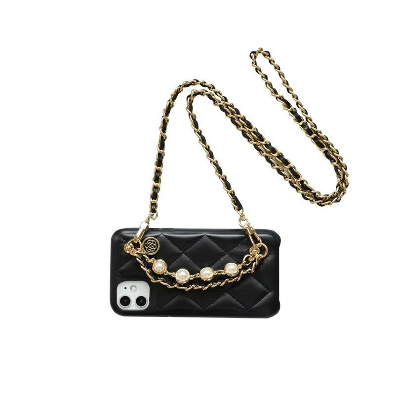 High Quality Apple iPhone Case, MagSafe Compatible, Camera Lens & Screen Protection, Ultra Thin, Shockproof, Magnetic Full All Around Cover – Lambskin Leather Handbag Case with Flower Pearl Strap & Long Metal Chain