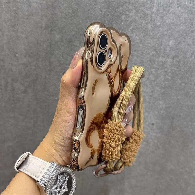 Luxury Apple iPhone Case, MagSafe Compatible, Camera Lens & Screen Protection, Ultra Thin, Shockproof, Magnetic Full All Around Cover – 3D Wave Edge Plating Case with Plush Wristband & Lanyard Strap