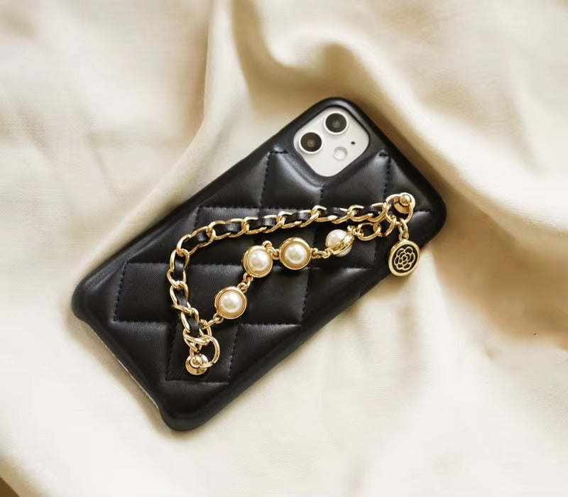 High Quality Apple iPhone Case, MagSafe Compatible, Camera Lens & Screen Protection, Ultra Thin, Shockproof, Magnetic Full All Around Cover – Lambskin Leather Handbag Case with Flower Pearl Strap & Long Metal Chain