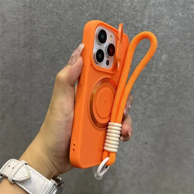 Premium Apple iPhone Case, MagSafe Compatible, Camera Lens & Screen Protection, Ultra Thin, Shockproof, Magnetic Full All Around Cover – Soft Silicone Case with Wrist Strap, Magnetic Lanyard & Lens Stand Bracket