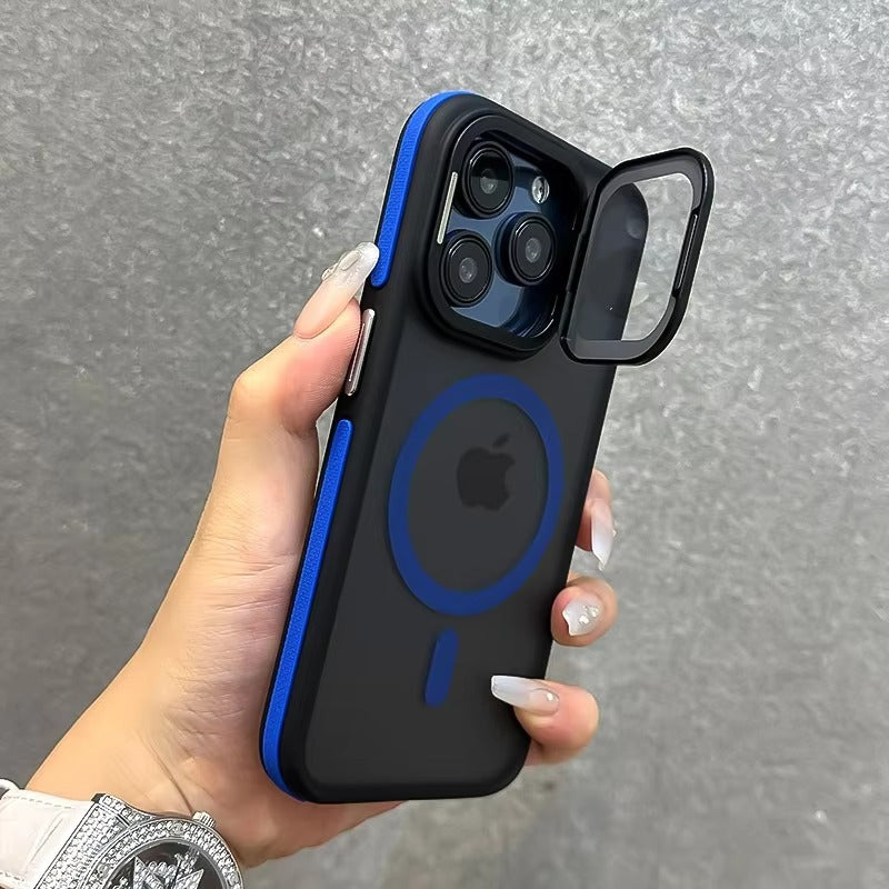 Luxury Apple iPhone Case Ultra Thin Shockproof Magnetic Full All Around Protection Cover with Matte Stand & Wrist Strap