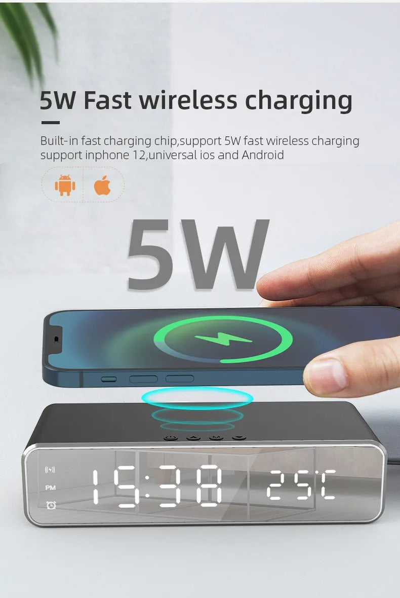 Luxury Wireless Charging Alarm Clock – LED Digital Thermometer Dock Station with Fast 5W Charger for Phones, Smartwatches, and Earbuds