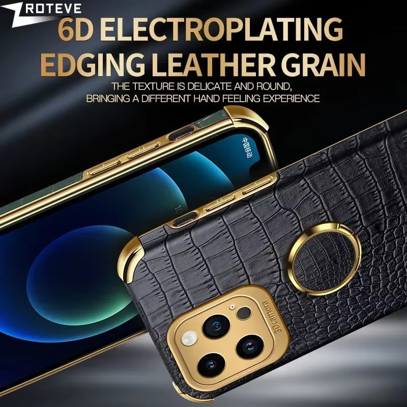 Premium Apple iPhone Case MagSafe Compatible, Camera Lens & Screen Protection, Ultra Thin Shockproof Magnetic Full All Around Protection Cover with Crocodile Leather Ring Holder