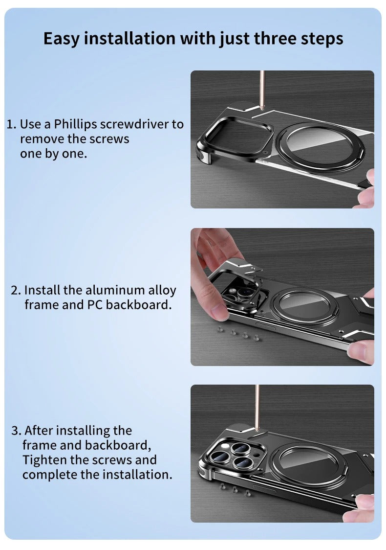 Luxury Apple iPhone Case, MagSafe Compatible, Camera Lens & Screen Protection, Ultra Thin, Shockproof, Magnetic Full All Around Cover – 360° Aluminum Alloy Rimless Case with Transparent PC & Built-In Bracket