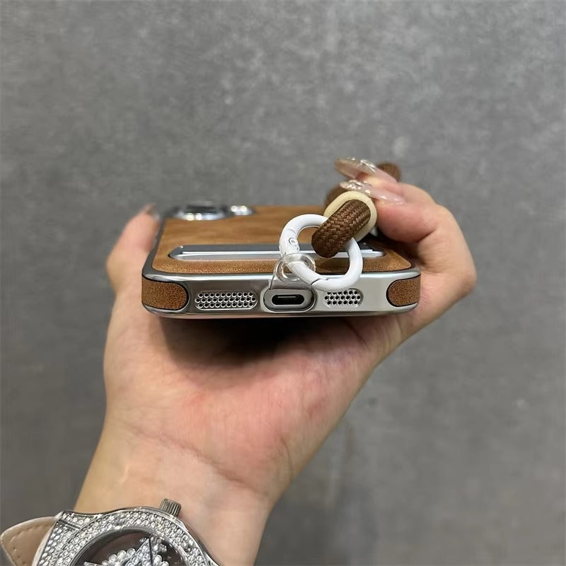 High-End Apple iPhone Case, MagSafe Compatible, Camera Lens & Screen Protection, Ultra Thin, Shockproof, Magnetic Full All Around Cover – Business Plating Leather Case with Kickstand, Wrist Strap & Hand Chain