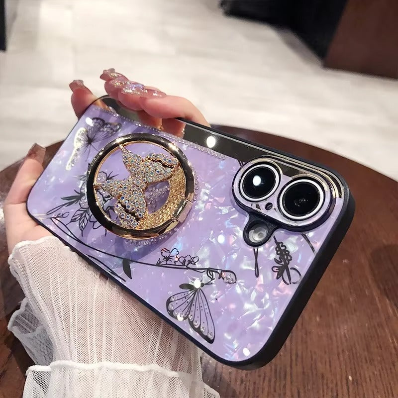 Luxury Apple iPhone Case, MagSafe Compatible, Camera Lens & Screen Protection, Ultra Thin, Shockproof, Magnetic Full All Around Cover – Shell Pattern Butterfly Case with Ring Holder & Hard Silicone TPU Back Design