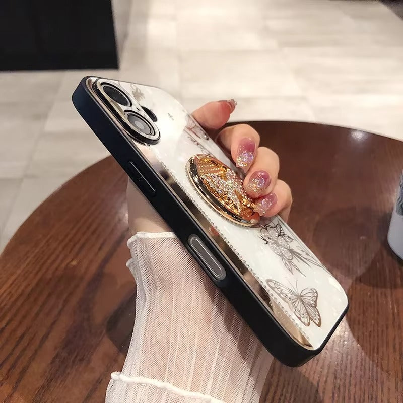 Luxury Apple iPhone Case, MagSafe Compatible, Camera Lens & Screen Protection, Ultra Thin, Shockproof, Magnetic Full All Around Cover – Shell Pattern Butterfly Case with Ring Holder & Hard Silicone TPU Back Design