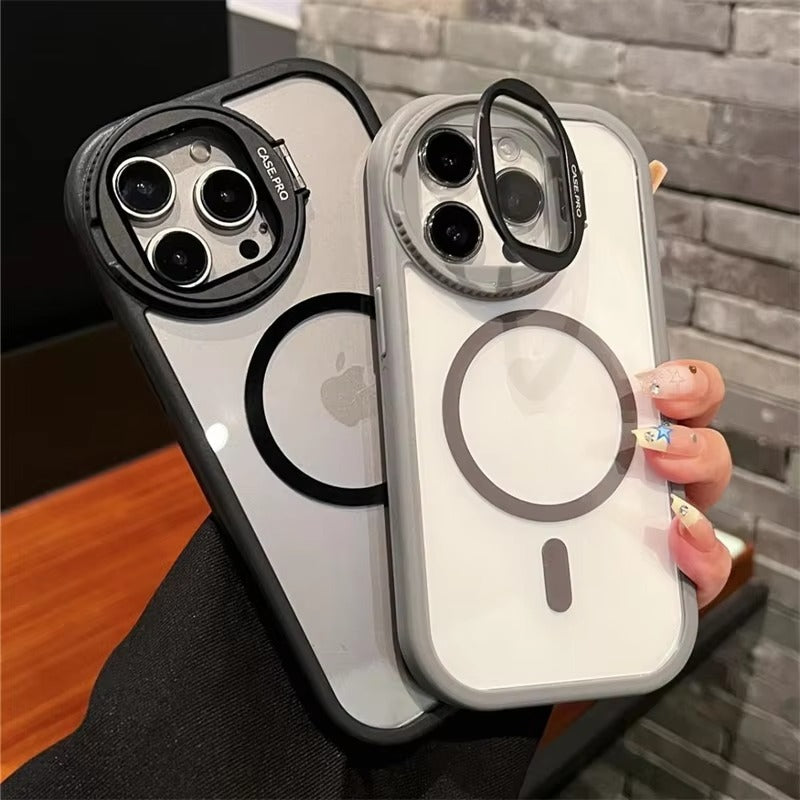 Luxury Apple iPhone Case MagSafe Compatible, Camera Lens & Screen Protection, Ultra Thin Shockproof Magnetic Full All Around Protection Cover with Acrylic Stand & Glass Camera